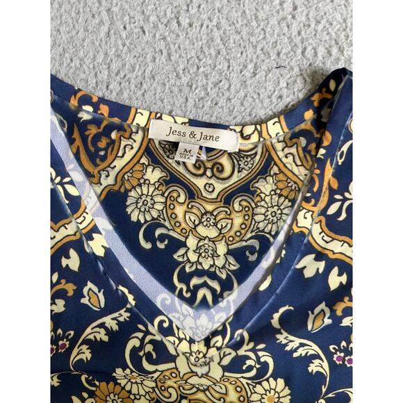 Jess & Jane Tunic Top Medium Geometric Damask V Neck Blue Gold Shirt - Picture 4 of 12